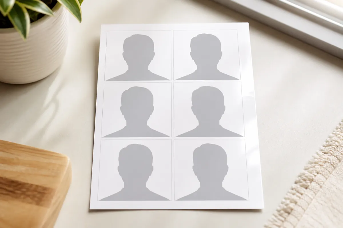 4×6 inch photo sheet layout showing a 2×3 grid of six identical US 2×2 passport photos
