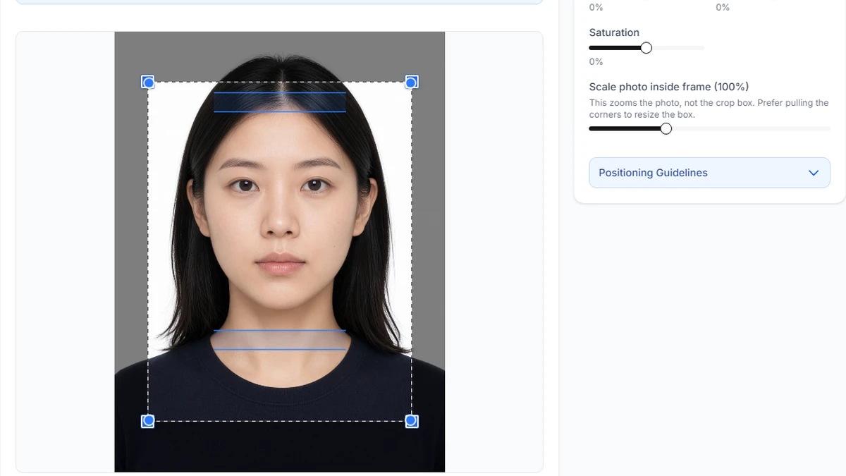 Crop & Adjust screen with 35×45 guides and Crop Image button