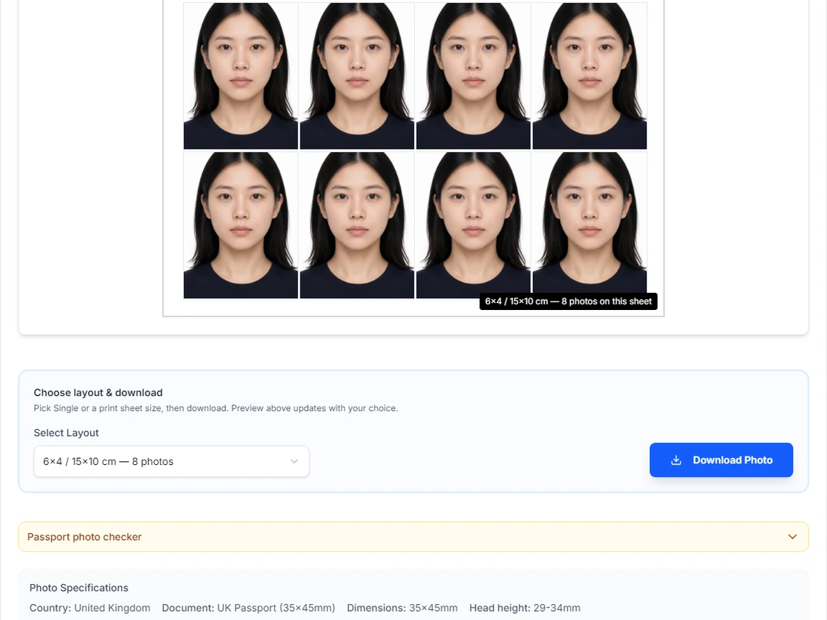 Homepage tool Preview & Download with 6×4 sheet and layout 6×4 / 15×10 cm — 8 photos