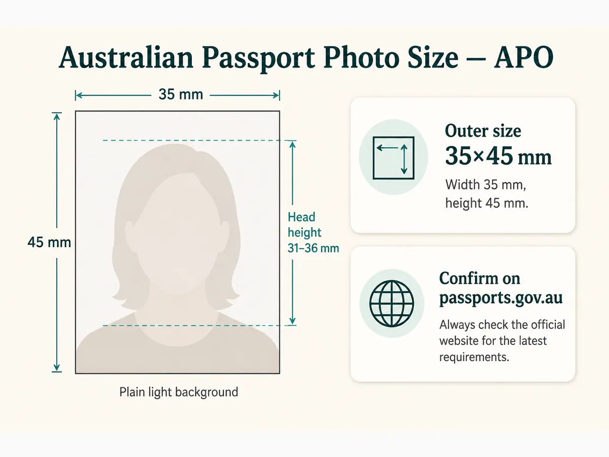 Australian passport photo size chart showing 35–40 × 45–50 mm outer size and 32–36 mm chin-to-crown head height