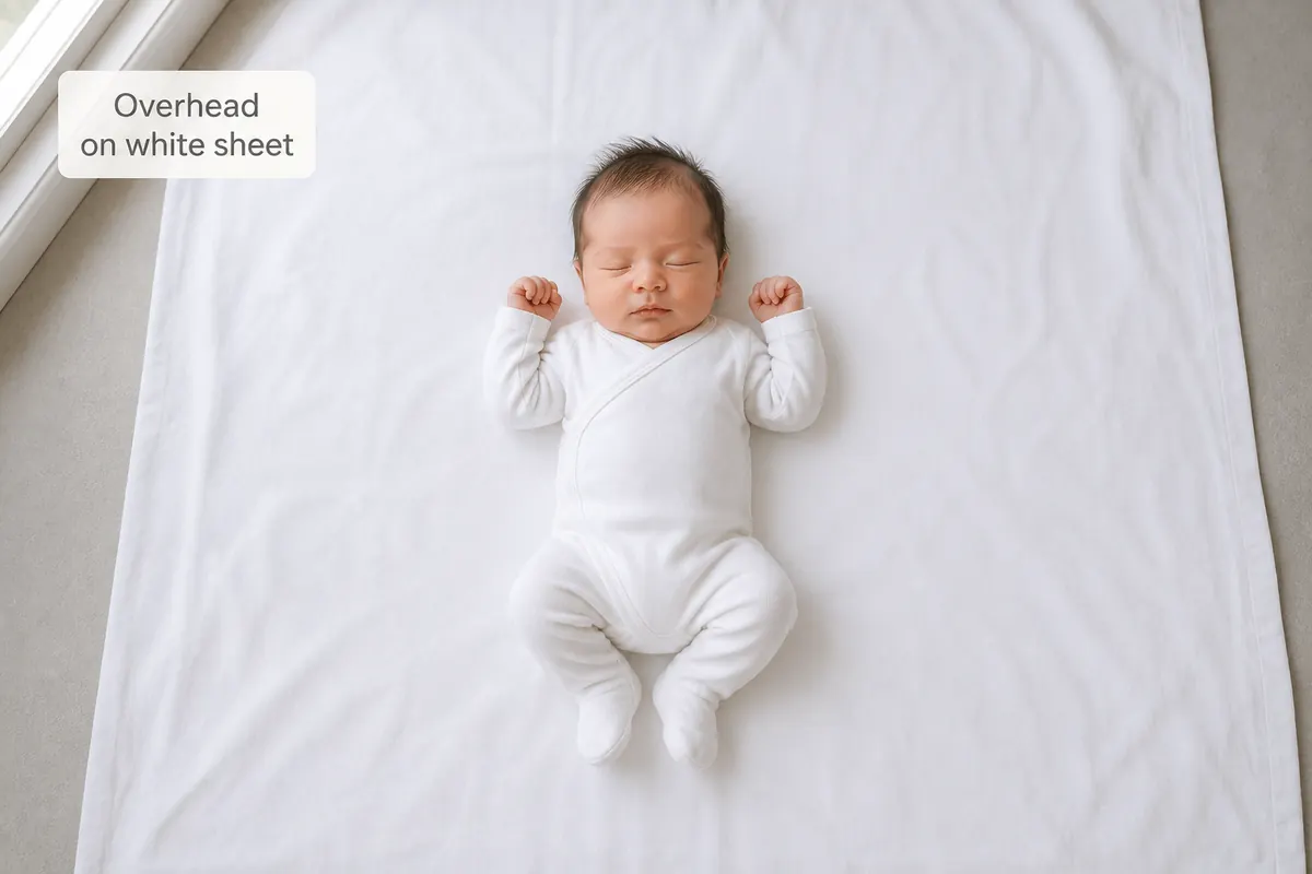 Overhead setup for a newborn passport photo: baby on a plain white sheet near a window with soft daylight