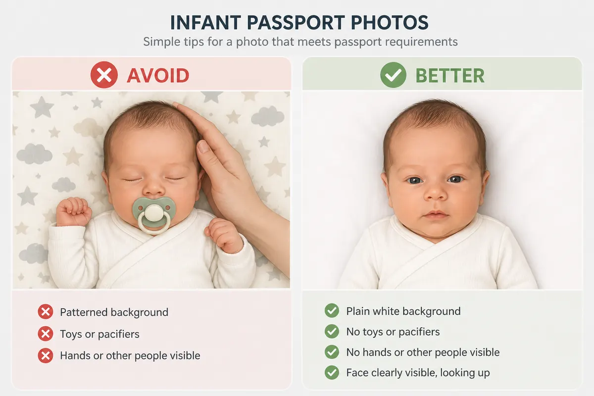 Side-by-side infant passport photo example: patterned blanket with pacifier and hand versus plain white sheet with a clear face