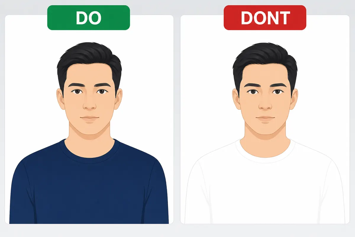 Side-by-side passport photo clothing example: navy shirt contrasts with white background versus white shirt that blends in