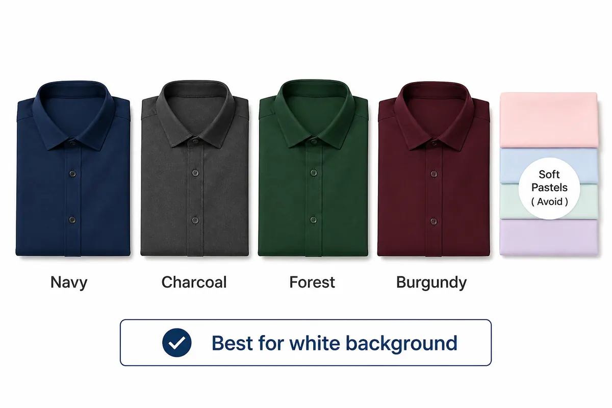 Recommended solid shirt colors for passport photos on a white background: navy, charcoal, forest green, and burgundy