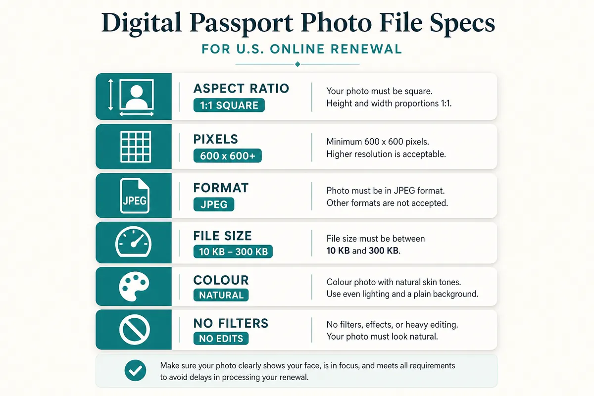 Diagram of digital passport photo file specs: square 2×2 proportions, JPEG format, head-size guide, and upload checklist