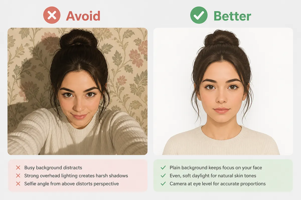Side-by-side home passport photo mistakes: busy wallpaper and overhead shadow versus plain white wall with even light