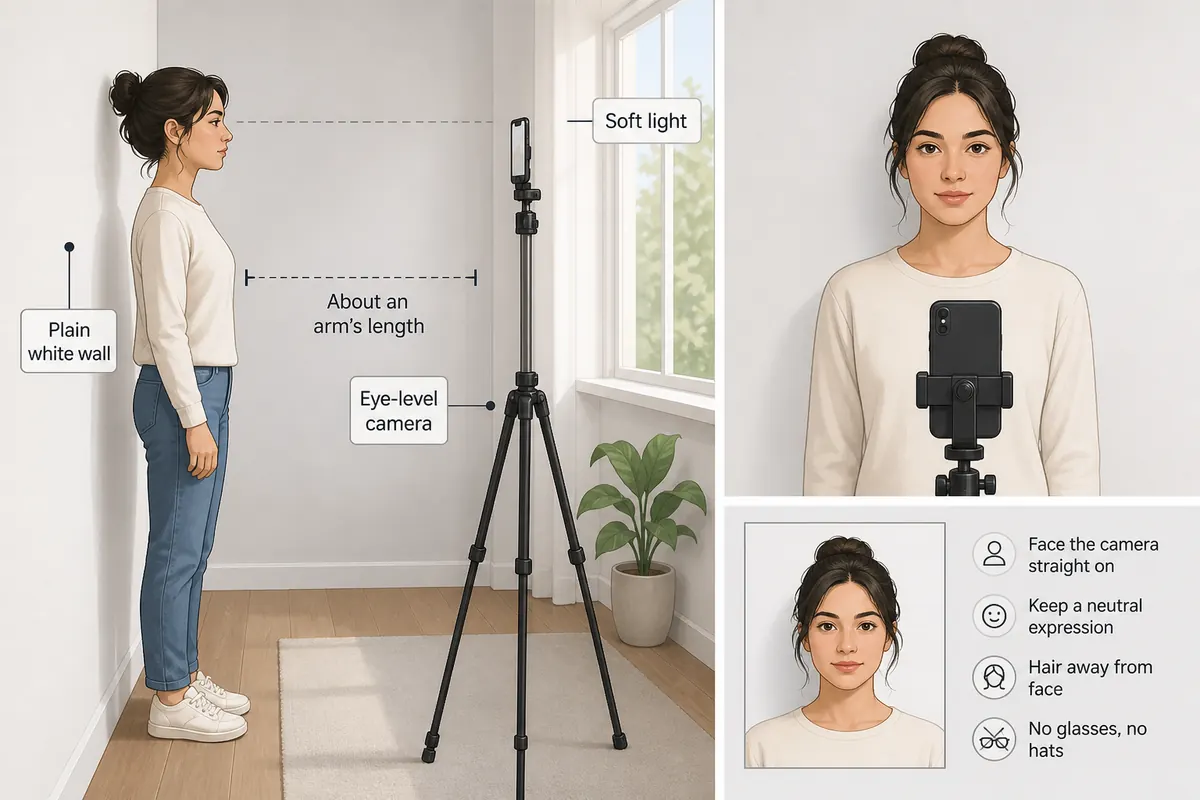 Home passport photo setup diagram: person at a plain white wall, soft window light, smartphone on a tripod at eye level