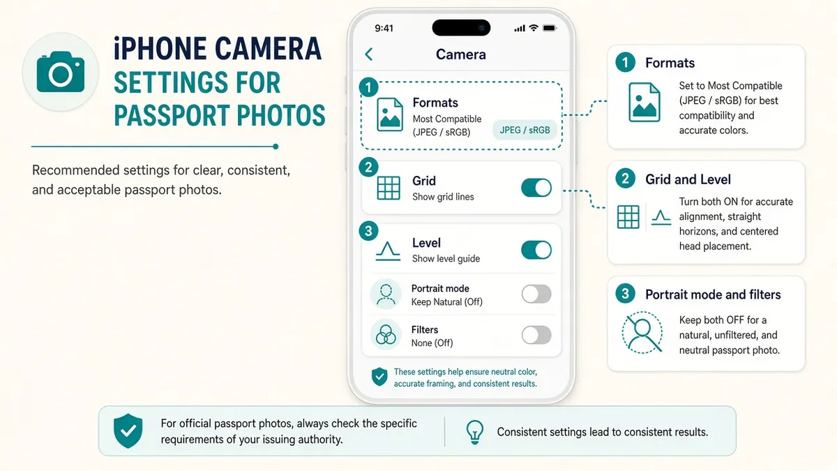 Illustrative iPhone Camera settings cards: Most Compatible JPEG/sRGB, Grid and Level on, Portrait and filters off