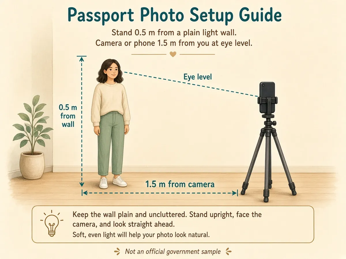 Diagram of passport photo distances: 0.5 metres from wall and 1.5 metres from camera at eye level