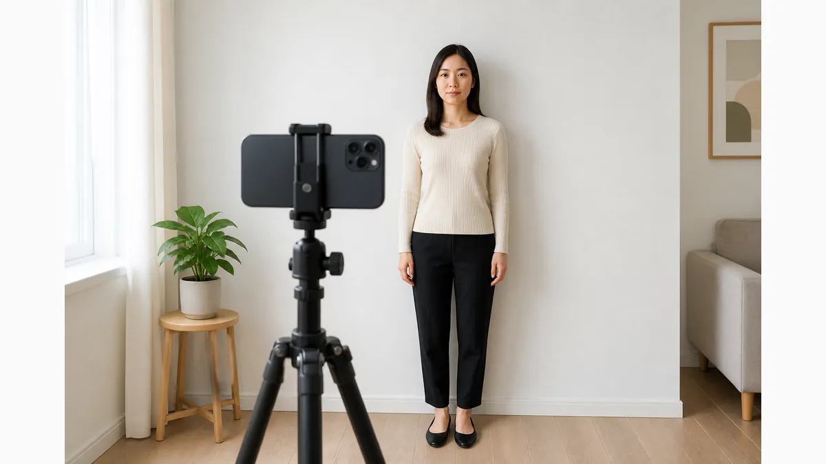 iPhone passport photo home setup: plain white wall, soft window light, iPhone on tripod at eye level, person facing camera