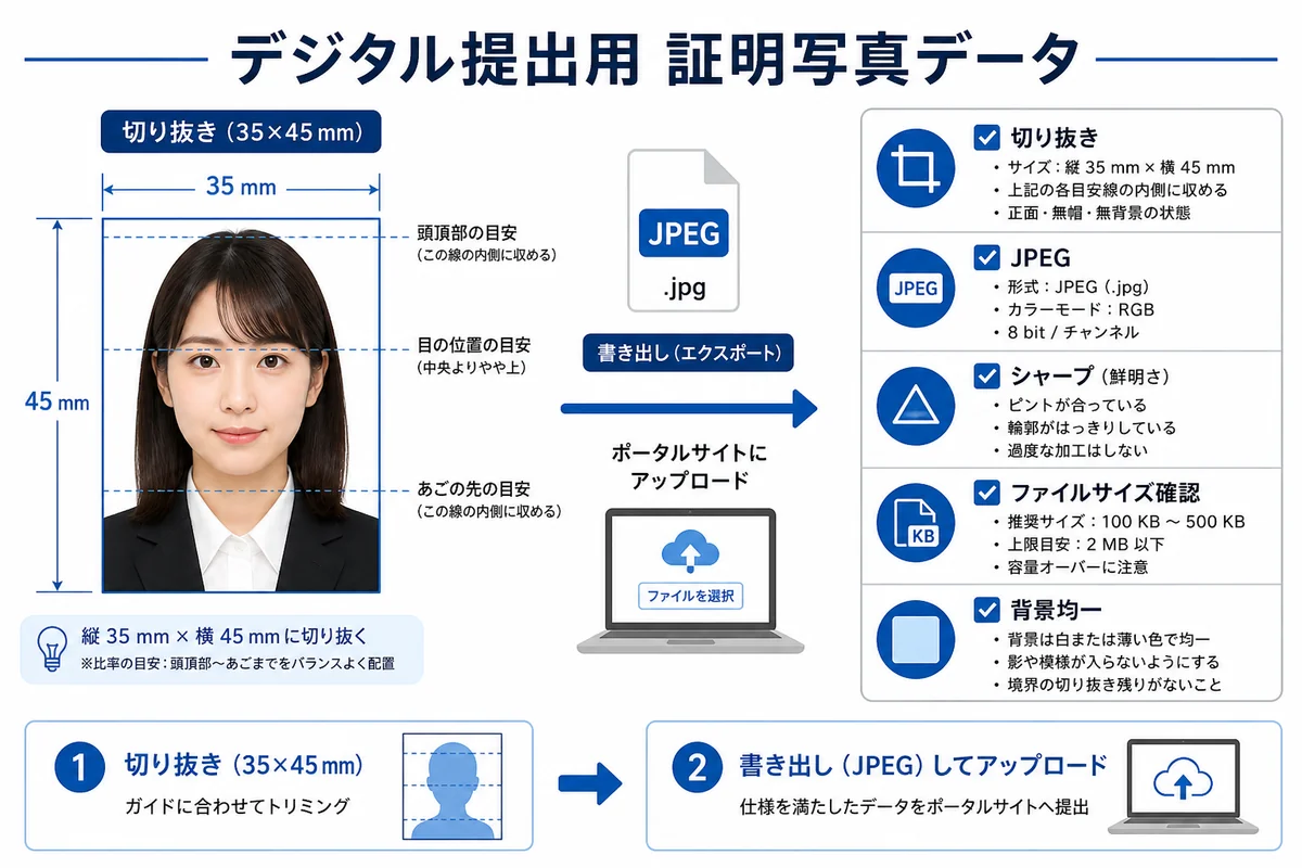 Japan digital ID photo file diagram: crop guides, JPEG export, and upload checklist