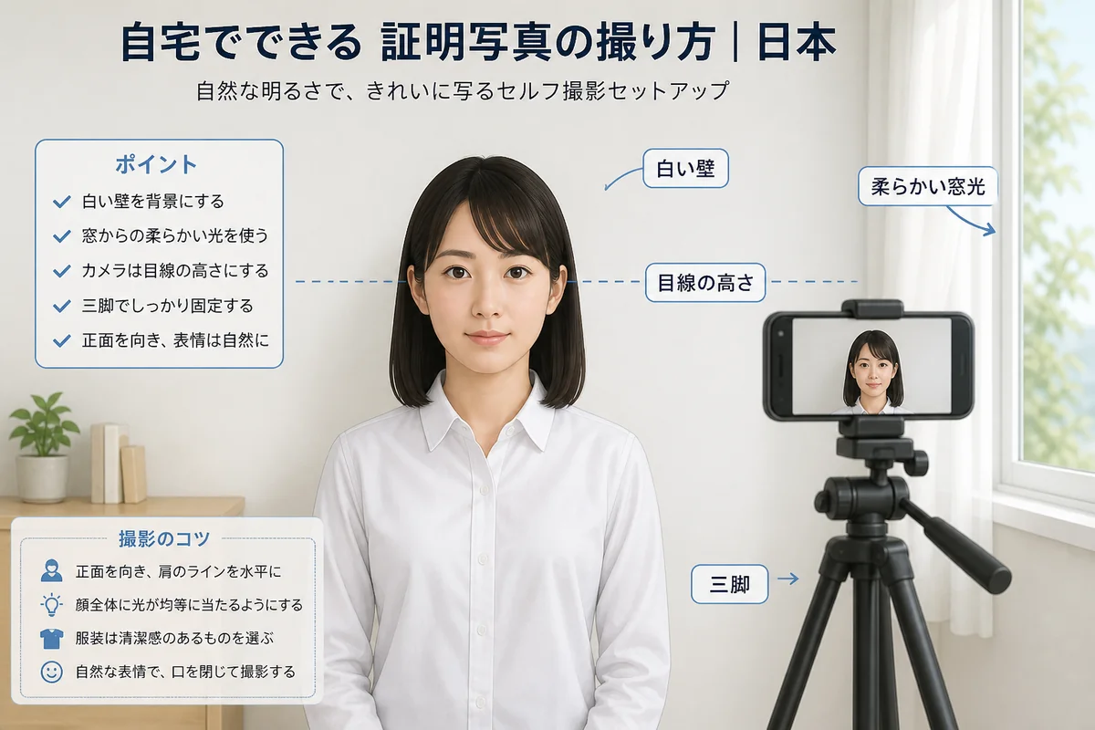Japan home ID photo setup: plain wall, soft window light, smartphone on tripod at eye level