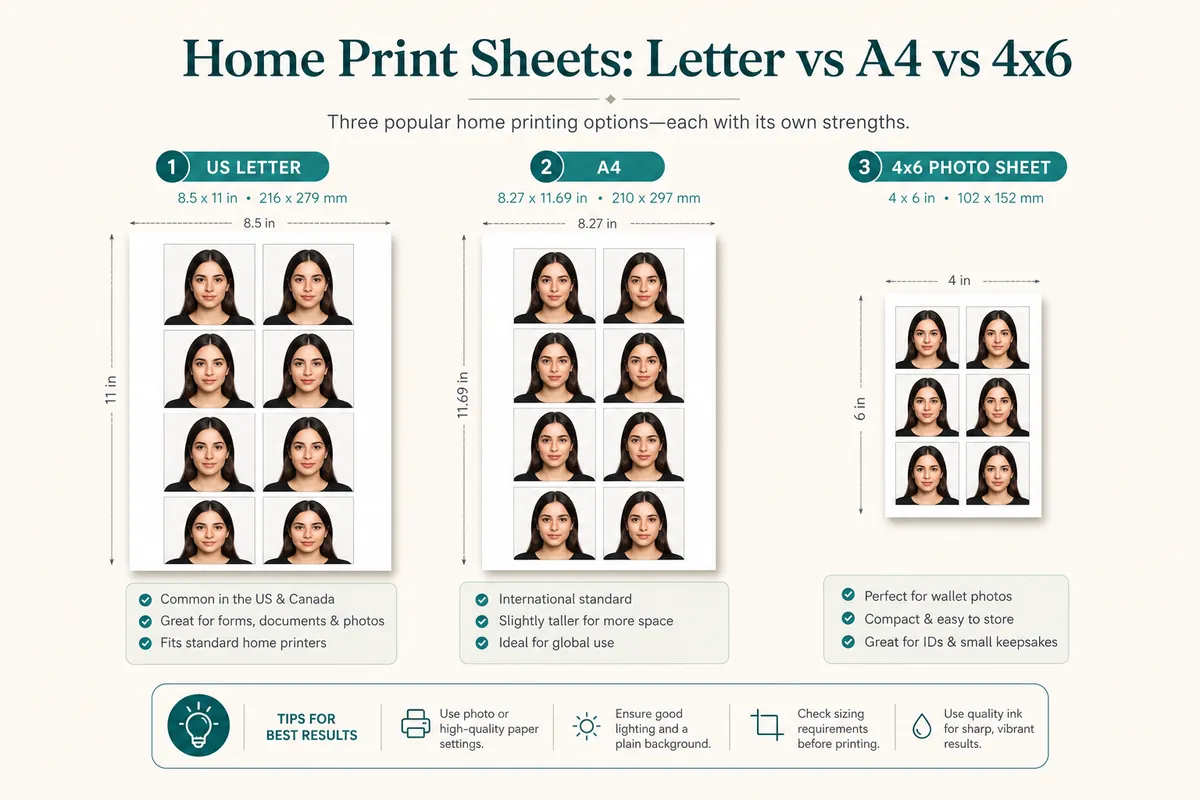 Side-by-side comparison of US Letter and A4 passport photo print sheets with multiple 2×2 photos laid out