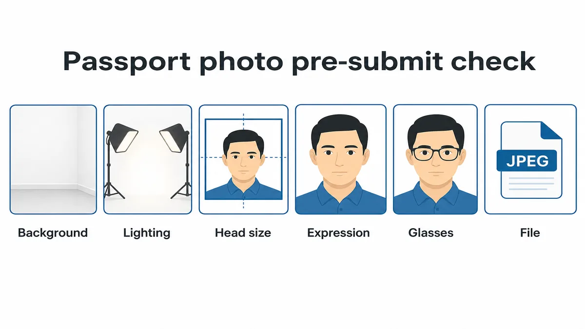 Passport photo pre-submit checker diagram with six panels: white background, even lighting, head size in 2x2 frame, neutral expression, no glasses glare, JPEG file