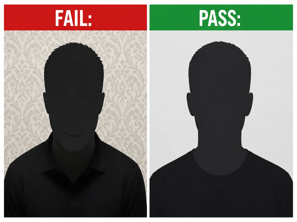 Side-by-side passport photo checker comparison: FAIL with busy wall, overhead shadow, and smile versus PASS with plain wall, even light, and neutral expression