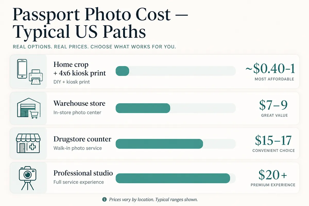 Cost comparison of DIY passport photos versus drugstore and warehouse club passport photo services