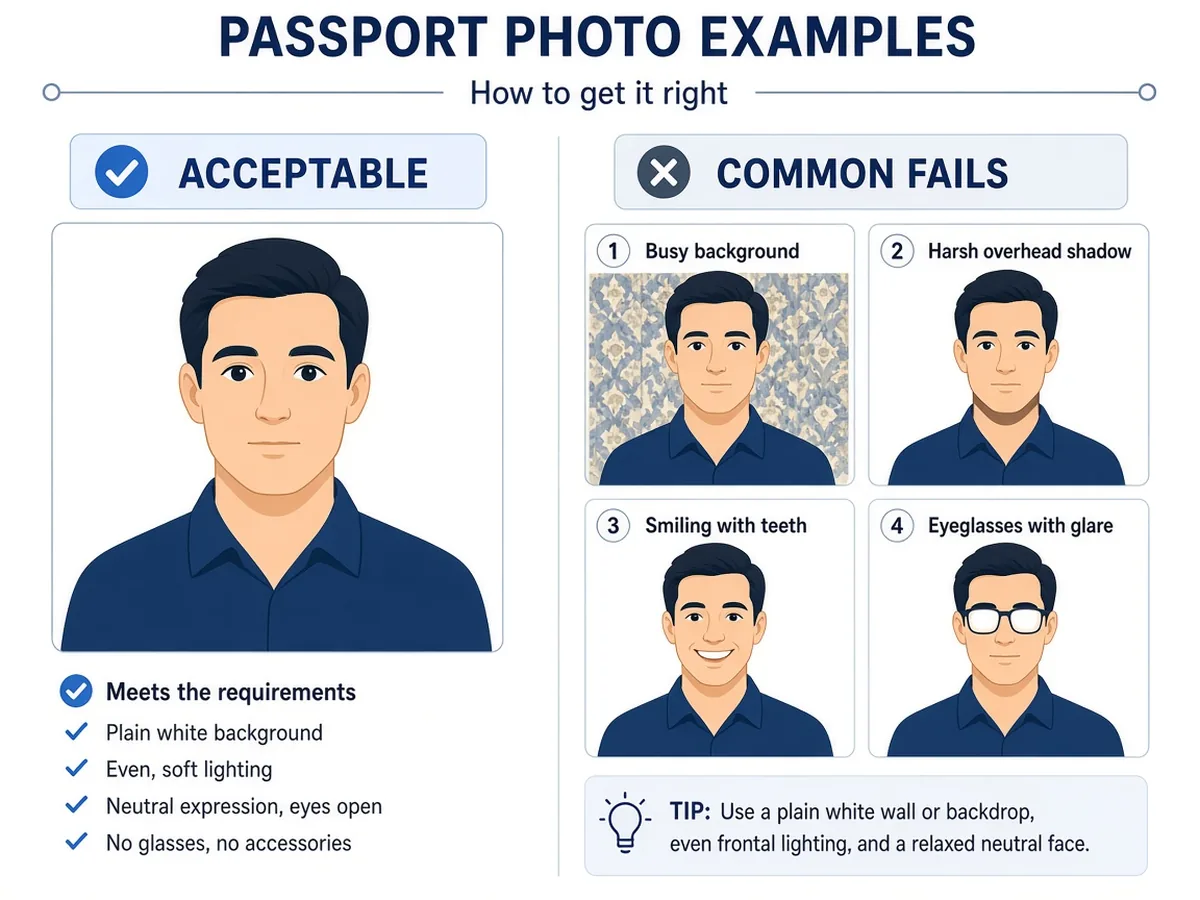 Side-by-side comparison: acceptable centered portrait on a plain white background versus common fails—busy wall, chin shadow, toothy smile, and glasses glare