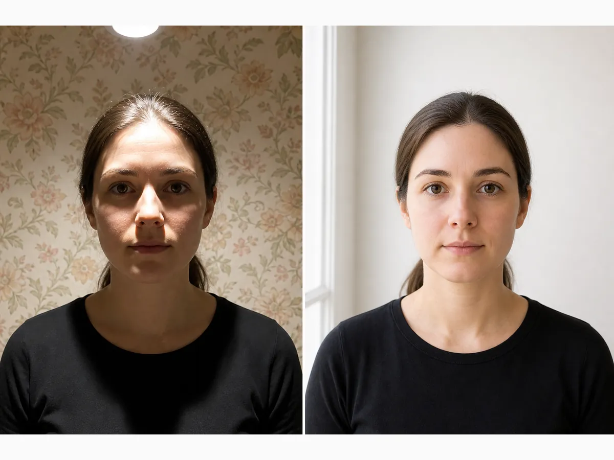 Side-by-side lighting comparison for passport photos: harsh overhead shadow fail versus even front light pass