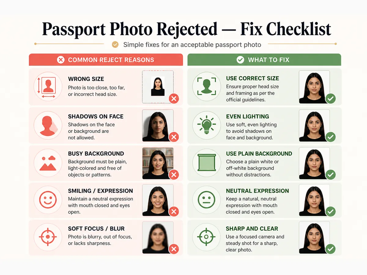 Passport photo rejection fix checklist: head size, shadows, background, glasses glare, and filters marked as common fail points