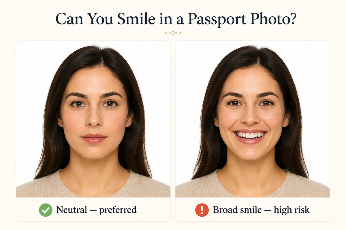 Side-by-side passport photo comparison: closed-mouth neutral expression versus a toothy smile that risks rejection