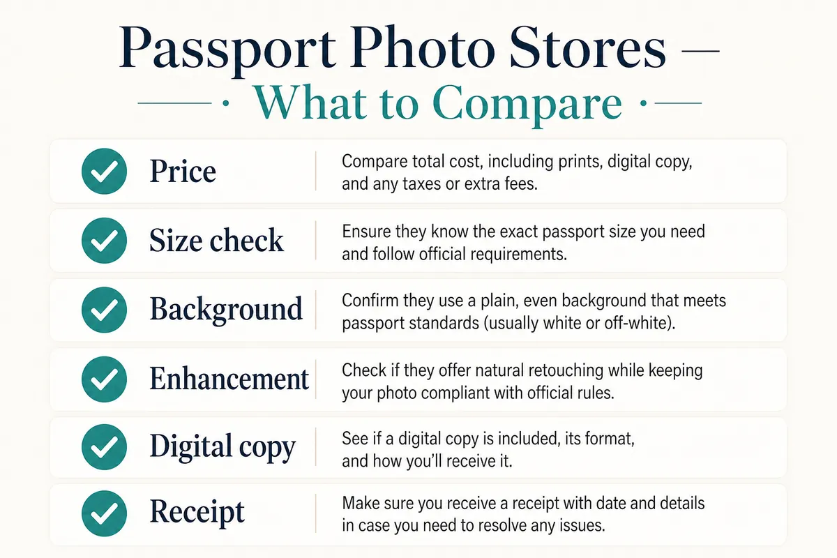 Checklist comparing Australian passport photo store options: Officeworks, Australia Post, Kmart, and at-home crop