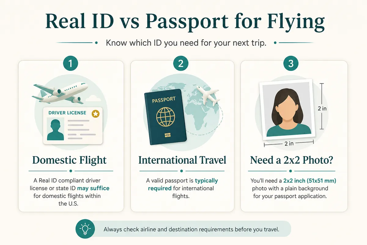 Diagram comparing Real ID for domestic US flights with a passport for international travel and when a 2×2 photo is needed