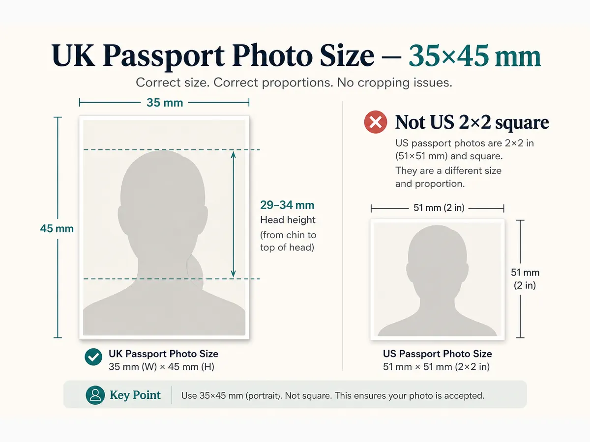 Size chart comparing UK 35×45 mm passport photo with US 2×2 inch square, including UK head height 29–34 mm