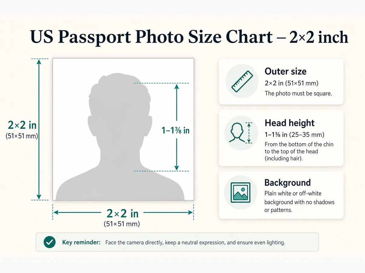 US 2×2 passport photo size chart showing a square frame, chin-to-crown head height band, and eye-line range