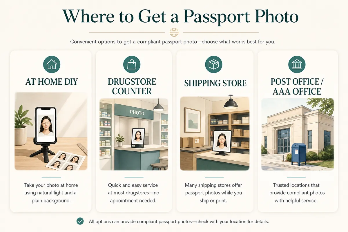 Options for where to get a passport photo: home DIY, drugstore, warehouse club, shipping store, and studio