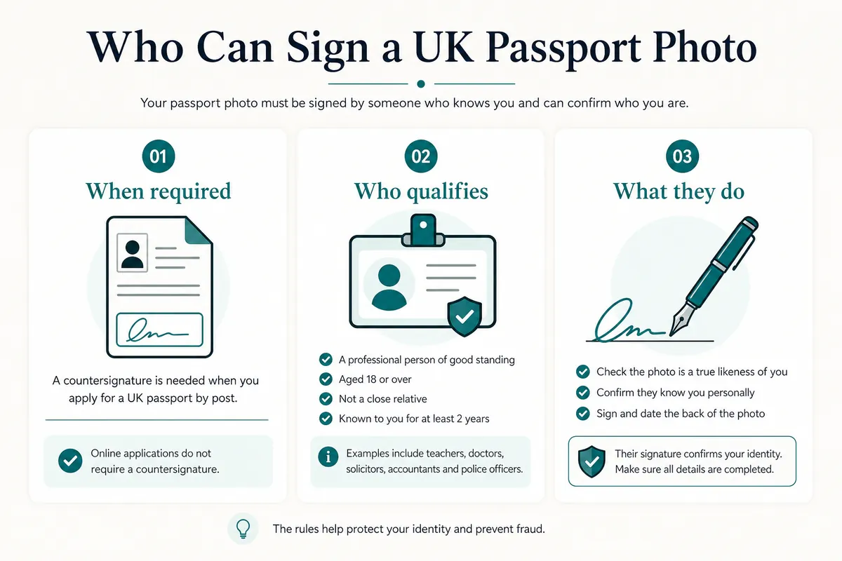 Diagram showing when a UK passport photo needs a countersignatory versus online digital applications that do not