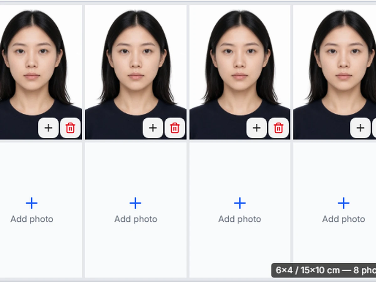 Print sheet grid showing four filled passport photo slots and four empty Add photo slots on 6x4 paper