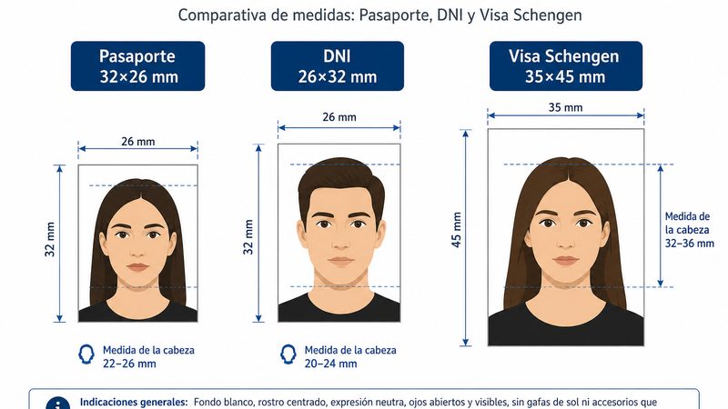 Spain passport, DNI, and visa photo size comparison diagram