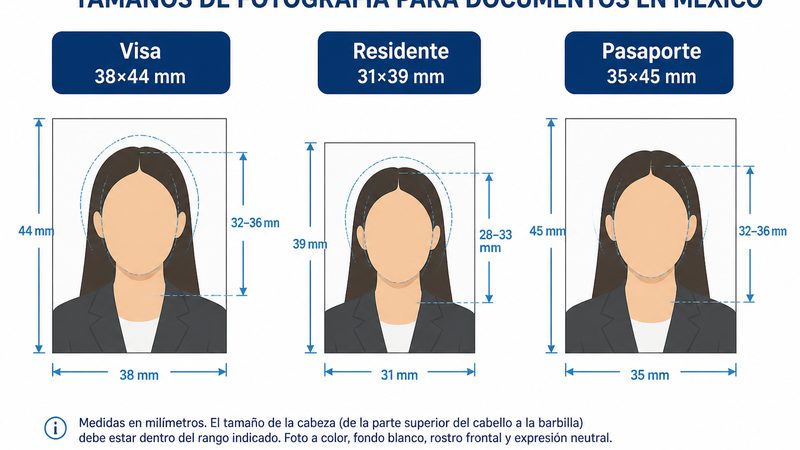 Mexico passport, visa, and resident photo size comparison diagram