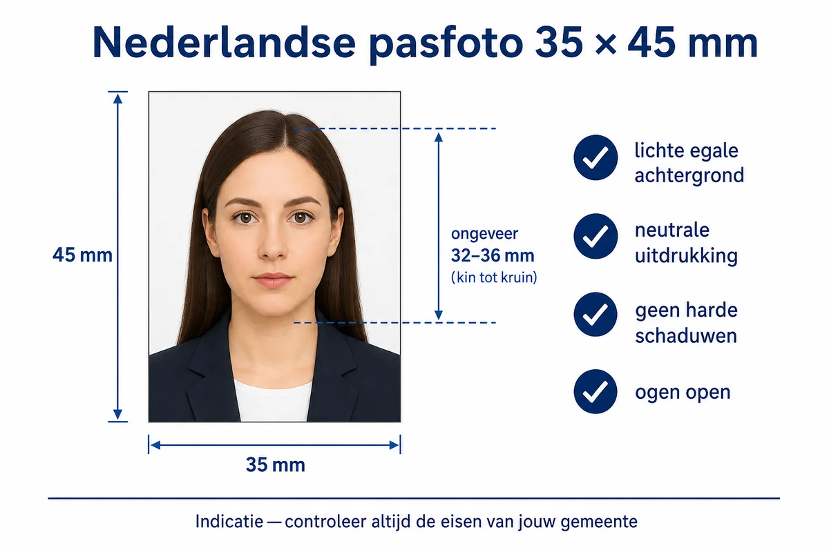 Dutch pasfoto 35×45 mm size diagram with head-height guidance for gemeente applications